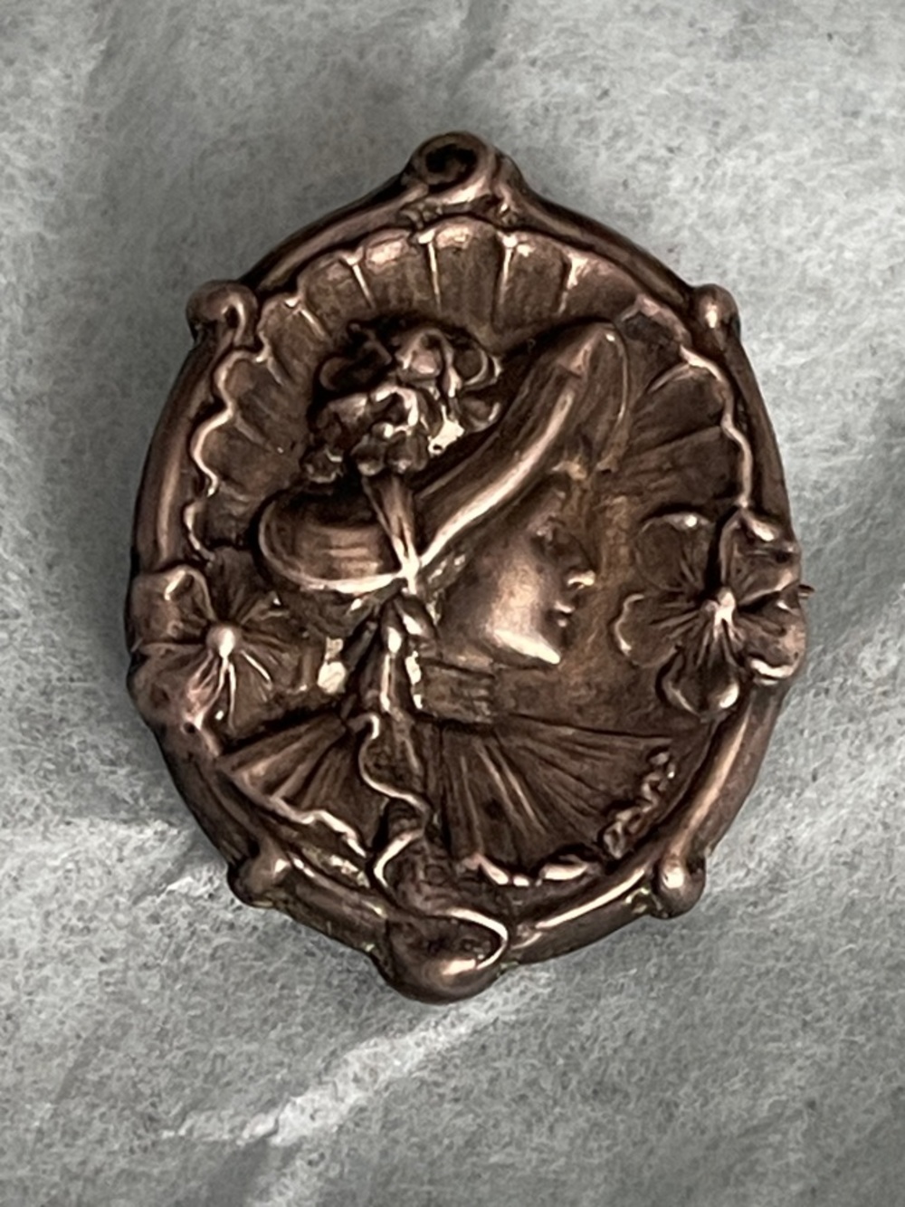 1904 Art Nouveau Repousse Portrait Pin Woman with hat Sterling Brooch